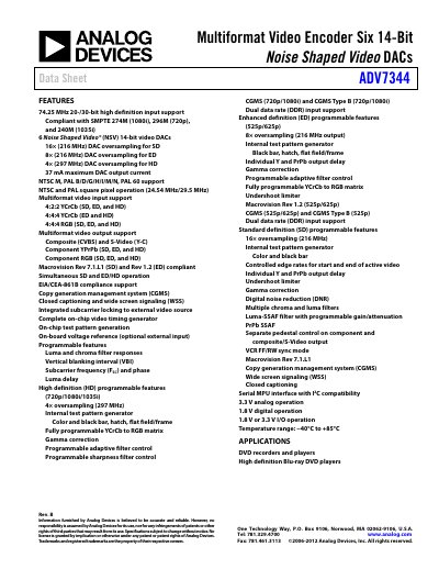 Analog Devices ADV7344 Video Encoder Datasheet - cover page