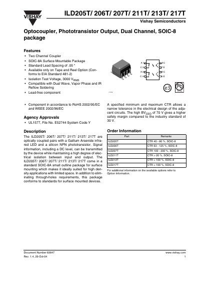 Vishay ILD205T/206T/207T/211T/213T/217T Optocoupler Datasheet - cover page