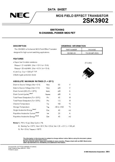 NEC 2SK3902 MOSFET Data Sheet - cover page