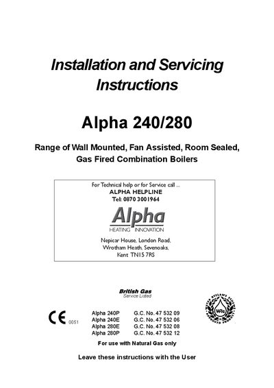 Alpha 240/280 Combination Boiler Installation and Servicing Instructions - cover page