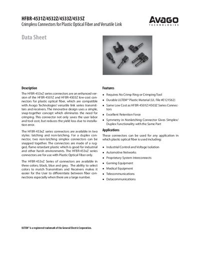 Avago HFBR-453xZ Crimpless Connectors for Plastic Optical Fiber Datasheet - cover page