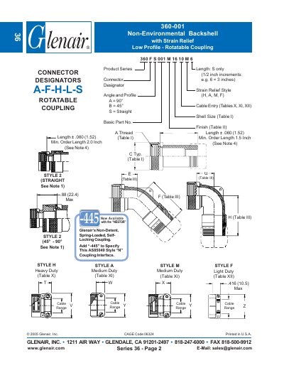 Glenair Series 360-001 Non-Environmental Backshell with Strain Relief Low Profile - Rotatable Coupling Product Data Shee - cover page