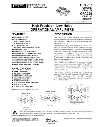 TEXAS INSTRUMENTS OPA227 OPA2227 OPA4227 OPA228 OPA2228 OPA4228 High Precision Low Noise OPERATIONAL AMPLIFIERS handbook