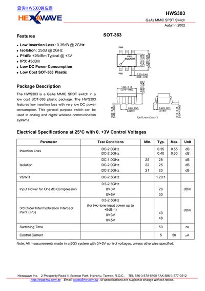 Hexawave HWS303 GaAs MMIC SPDT Switch Datasheet - cover page
