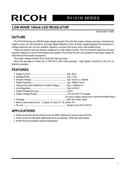 Ricoh R1121N Series Low Noise LDO Regulator Datasheet - cover page