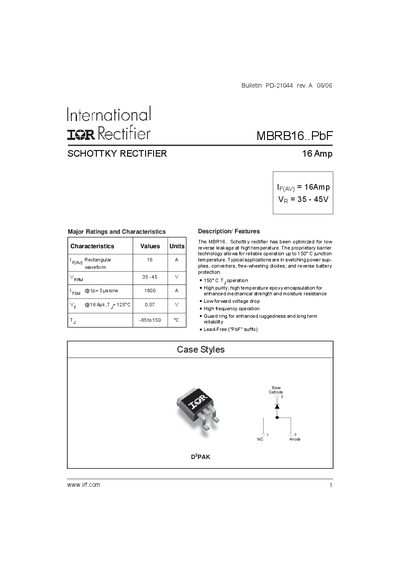 International Rectifier MBRB16..PbF Schottky Rectifier Datasheet - cover page