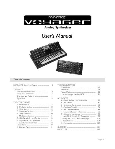 Moog Voyager Analog Synthesizer User Manual - cover page