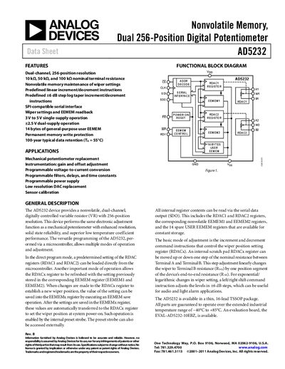 Analog Devices AD5232 Digital Potentiometer Datasheet - cover page