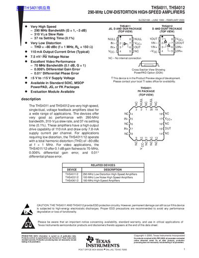 TEXAS INSTRUMENTS THS4011 THS4012 290-MHz LOW-DISTORTION HIGH-SPEED AMPLIFIERS handbook - cover page