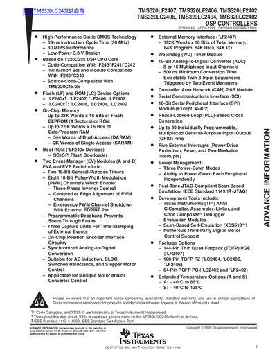 TEXAS INSTRUMENTS TMS320LF2407 TMS320LF2406 TMS320LF2402 TMS320LC2406 TMS320LC2404 TMS320LC2402 DSP CONTROLLERS Data Sheet