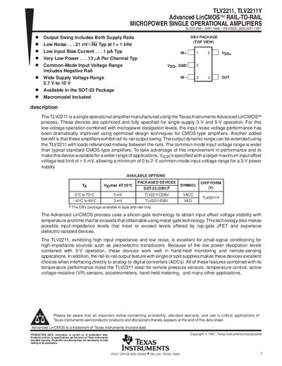 Texas Instruments TLV2211/TLV2211Y Operational Amplifier Datasheet - cover page