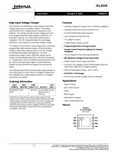 Intersil ISL9204 High Input Voltage Charger Data Sheet - cover page