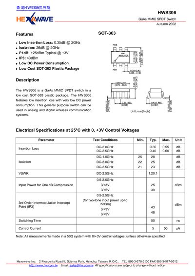 Hexawave HWS306 GaAs MMIC SPDT Switch Datasheet - cover page