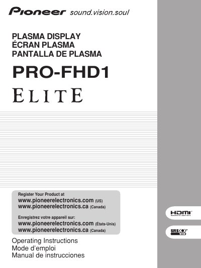 Pioneer PRO-FHD1 Plasma Display Operating Instructions - cover page