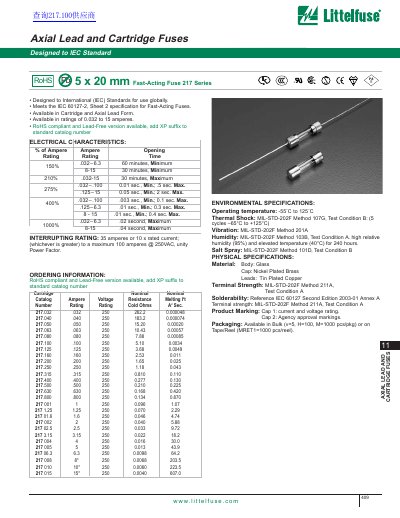 Littelfuse 217 Series Axial Lead and Cartridge Fuse Datasheet - cover page