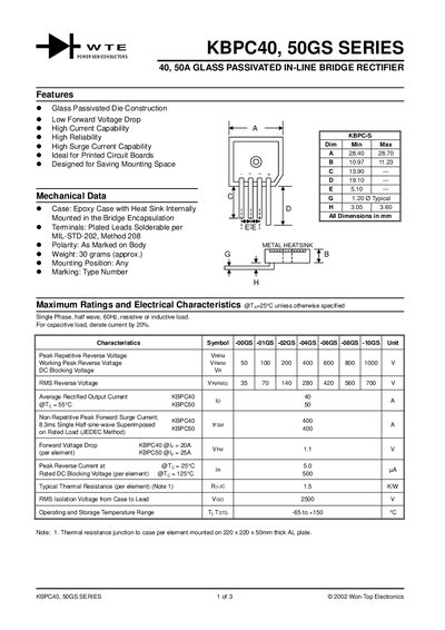 Won-Top Electronics KBPC40/50GS Series Bridge Rectifier Datasheet - cover page