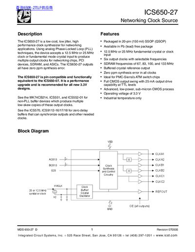 ICS 650-27 Networking Clock Source Datasheet - cover page