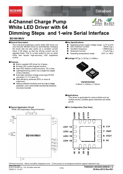 ROHM BD1601MUV White LED Driver Datasheet - cover page