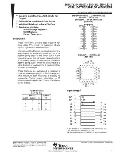 Texas Instruments SN54273 / SN54LS273 / SN74273 / SN74LS273 Octal D-Type Flip-Flop with Clear Datasheet - cover page
