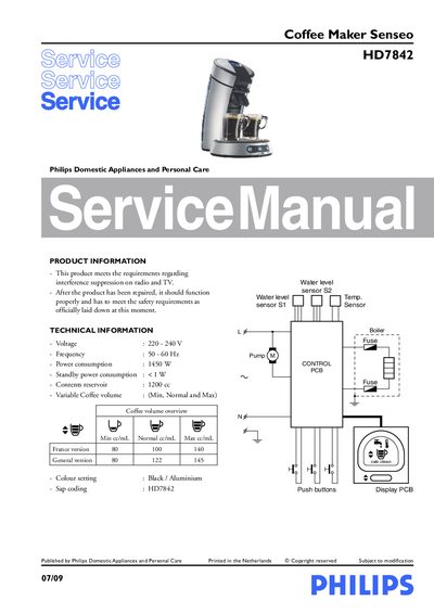Philips Senseo HD7842 Coffee Maker Service Manual - cover page