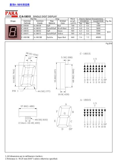 PARA C/A-1801X Single Digit Display Datasheet - cover page