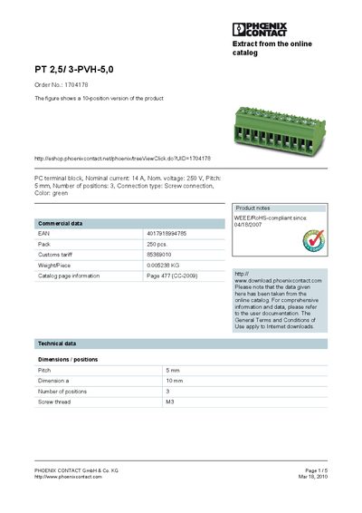 Phoenix Contact PT 2,5/3-PVH-5,0 Product Handbook - cover page