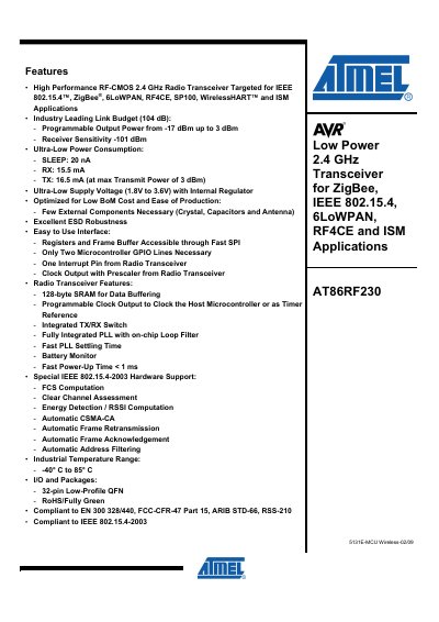 Atmel AT86RF230 Wireless Transceiver Datasheet