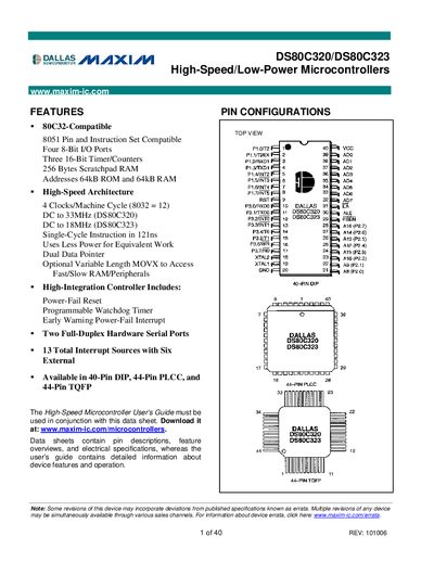 Maxim DS80C320/DS80C323 High-Speed/Low-Power Microcontrollers Datasheet - cover page