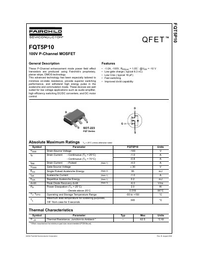 Fairchild FQT5P10 P-Channel MOSFET Datasheet - cover page