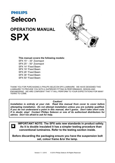 Philips SPX Luminaire Operation Manual - cover page