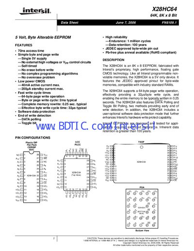 Intersil X28HC64 EEPROM Data Sheet - cover page
