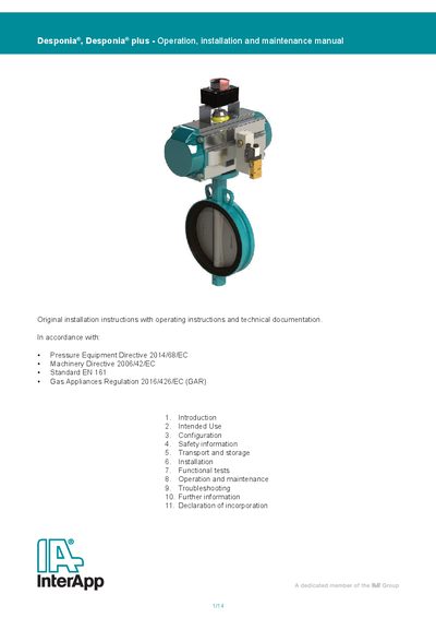 InterApp Desponia and Desponia plus Butterfly Valve Operation, Installation and Maintenance Manual - cover page