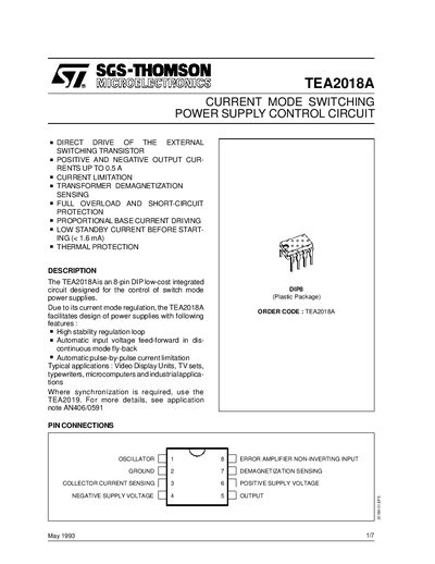 SGS-THOMSON TEA2018A Current Mode Switching Power Supply Control Circuit Datasheet - cover page