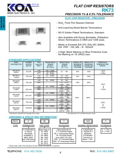 Speer Electronics RK73 Flat Chip Resistors Datasheet - cover page