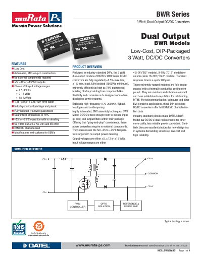 Murata BWR Series 3 Watt Dual Output DC/DC Converters Datasheet - cover page