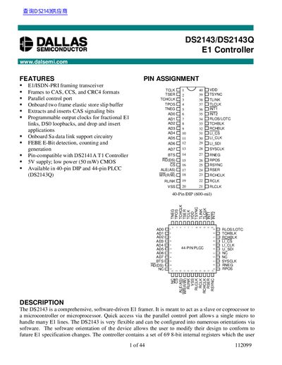 Dallas Semiconductor DS2143/DS2143Q E1 Controller Datasheet - cover page