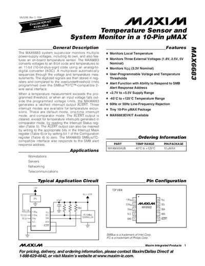Maxim MAX6683 Temperature Sensor and System Monitor Datasheet - cover page