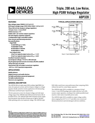Analog Devices ADP320 Triple Output LDO Voltage Regulator Datasheet - cover page