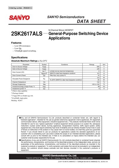 SANYO 2SK2617ALS N-Channel MOSFET Datasheet