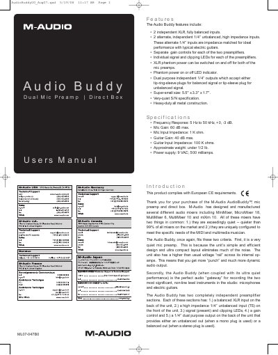 M-Audio Audio Buddy Dual Mic Preamp Direct Box User Manual - cover page