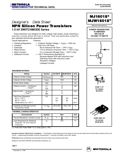 Motorola MJW16018* Power Transistor Datasheet - cover page