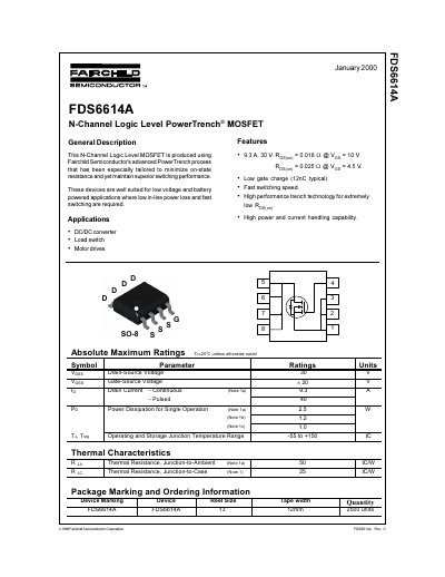 Fairchild Semiconductor FDS6614A N-Channel Logic Level PowerTrench MOSFET Datasheet - cover page