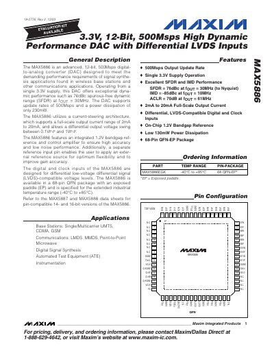 Maxim MAX5886 3.3V 12‑Bit 500Msps High Dynamic Performance DAC Datasheet - cover page