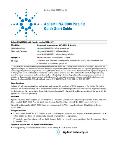 Agilent RNA 6000 Pico Kit Quick Start Guide - cover page
