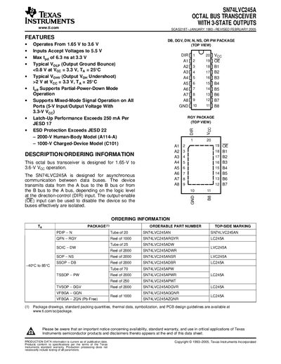 Texas Instruments SN74LVC245A Octal Bus Transceiver with 3-State Outputs Datasheet - cover page
