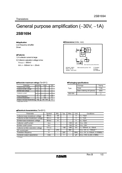 ROHM 2SB1694 Transistor Datasheet - cover page