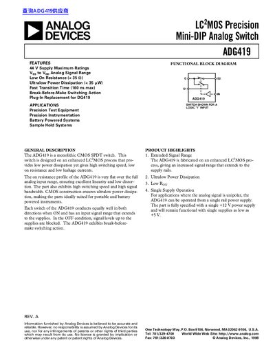 Analog Devices ADG419 LC MOS Precision Mini-DIP Analog Switch Datasheet
