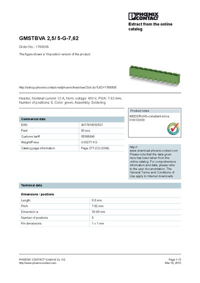PHOENIX CONTACT GMSTBVA 2 5/ 5-G-7 62 Order No.: 1766806 The figure shows a 10-position version of the product handbook - cover page