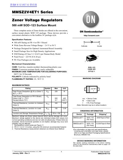 ON MMSZ2V4ET1 Series Zener Voltage Regulators 500 mW SOD 123 Surface Mount handbook(1) - cover page