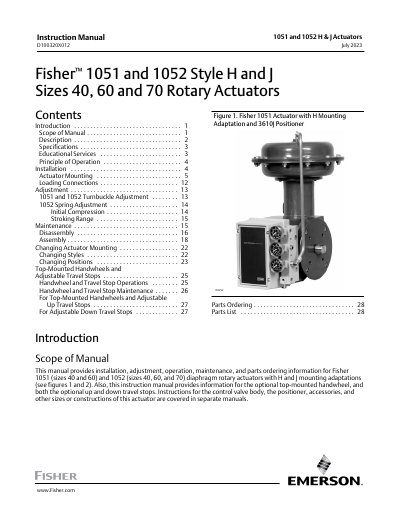 Fisher 1051/1052 Style H/J Diaphragm Rotary Actuators Installation and Maintenance Manual - cover page